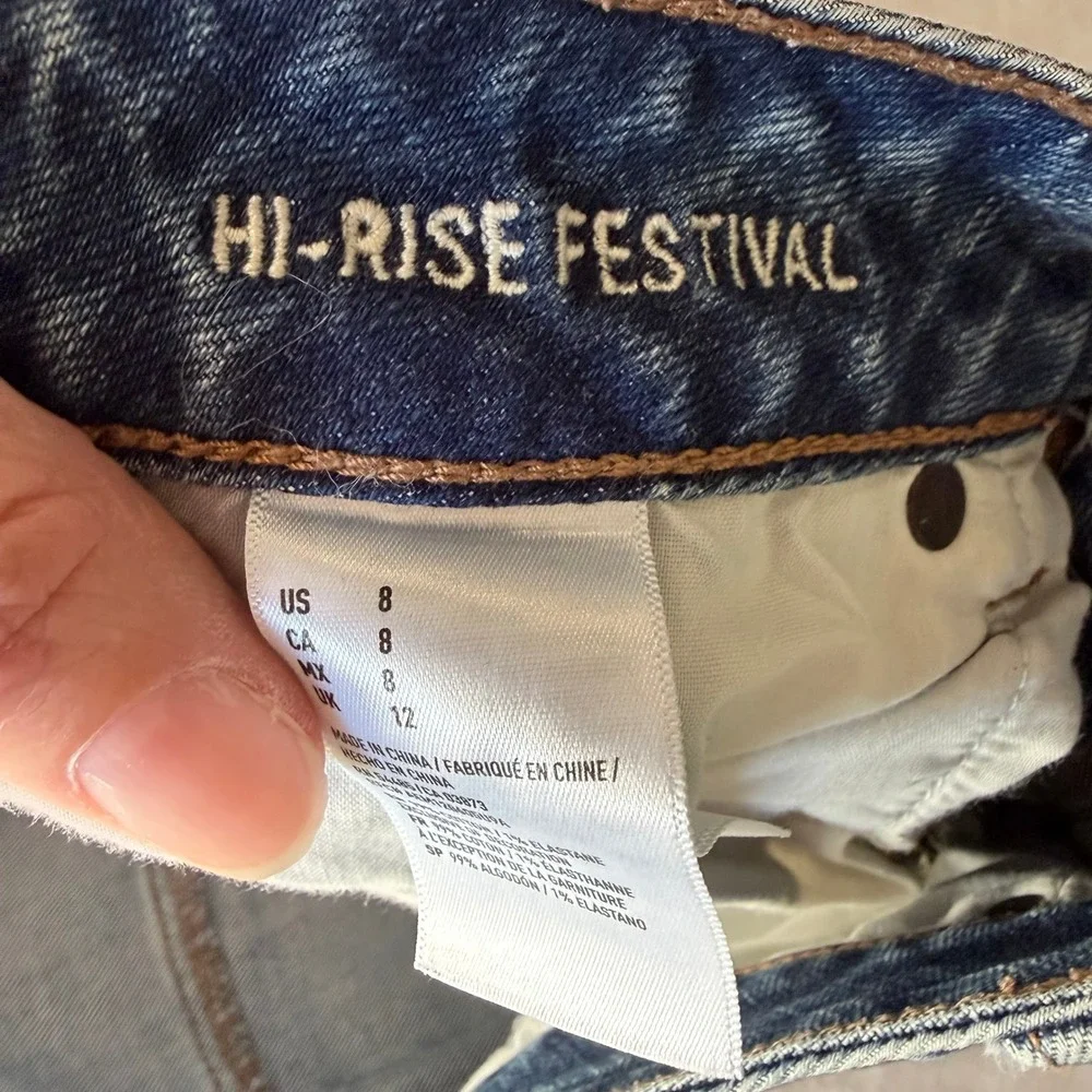 American‎ Eagle Hi-Rise Festival Distressed Gold Sequin Pockets Denim Shorts 8